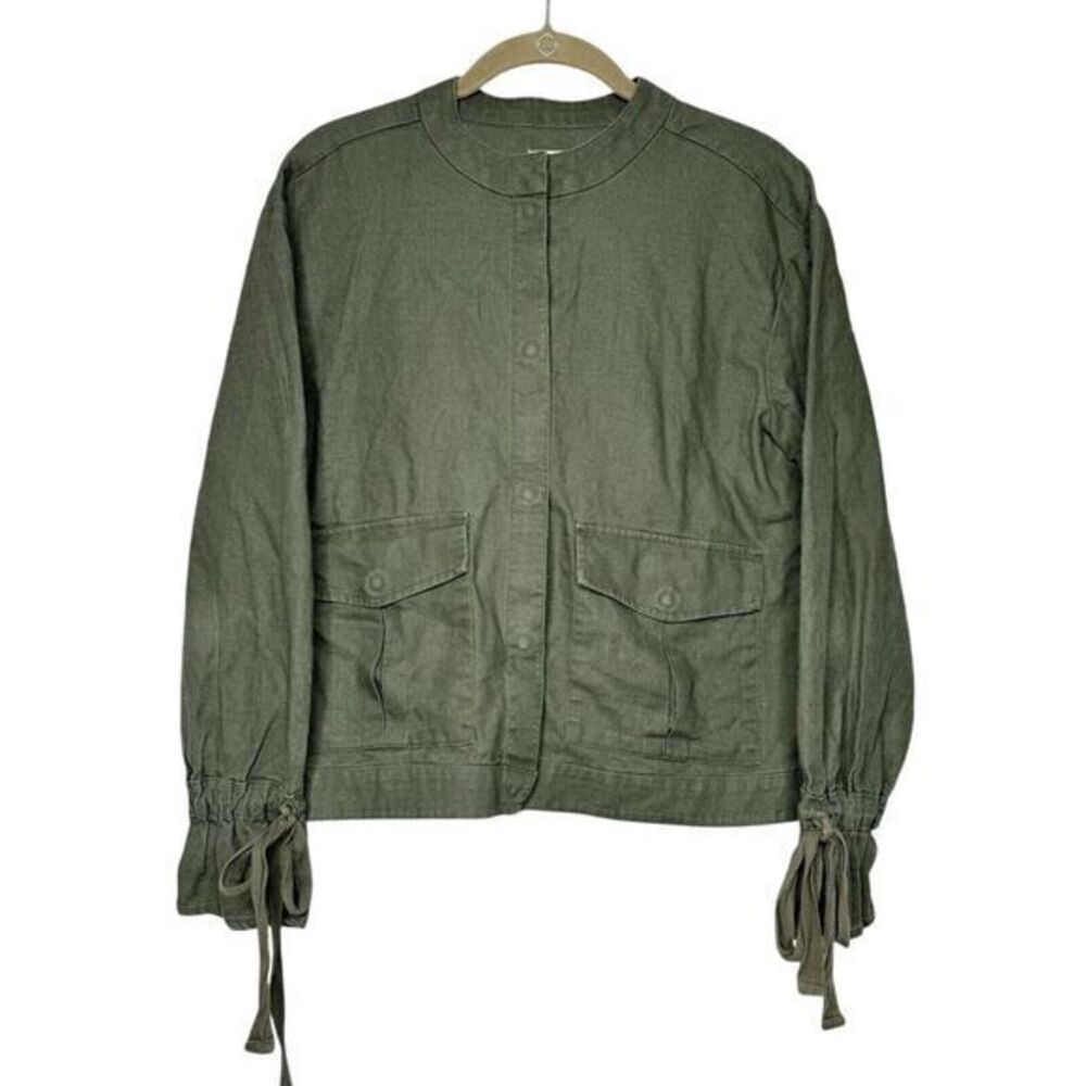 Caslon Utility Jacket sz S Olive Green Linen Tie Sleeve Pockets Lightweight Snap